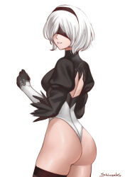 Rule 34 | 1girl, ass, backless outfit, blindfold, breasts, feathers, gloves, goth fashion, headband, juliet sleeves, leotard, long sleeves, looking at viewer, medium breasts, mole, mole under mouth, multicolored clothes, multicolored gloves, nier (series), nier:automata, puffy sleeves, shinsaku (stan-art), short hair, sideboob, smile, solo, thighhighs, white hair, 2b (nier:automata)