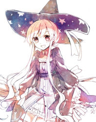Rule 34 | 1girl, atelier (series), atelier ayesha, black hat, blonde hair, broom, female focus, hat, long hair, open mouth, print headwear, simple background, smile, solo, star (symbol), star print, torii sumi, wilbell voll-ersleid, witch, witch hat