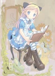 Rule 34 | 1girl, alice (alice in wonderland), alice in wonderland, animal ears, apron, blonde hair, blue dress, blue eyes, book, boots, card, cat, cat ears, chair, cheshire cat (alice in wonderland), dress, fake animal ears, flat chest, frilled dress, frills, full body, highres, holding, holding book, long hair, original, playing card, pop (electromagneticwave), rabbit, sitting, solo, striped clothes, striped thighhighs, thighhighs, white rabbit (alice in wonderland)