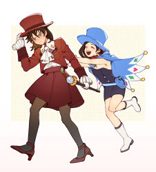 Rule 34 | :d, ace attorney, annoyed, apollo justice, arm up, ascot, belt pouch, black dress, blue cape, blue headwear, blush, boots, breast pocket, brown eyes, brown hair, cape, closed eyes, closed mouth, club (shape), collared shirt, cropped jacket, diamond (shape), dress, earrings, forked eyebrows, frilled ascot, frilled sleeves, frills, gem, gender request, green gemstone, grey pantyhose, hands on another&#039;s back, hat, hat tip, heart, hi-fi (fijazzy), high heels, highres, holding, holding wand, jewelry, knee boots, leg up, long sleeves, medium hair, medium skirt, open mouth, pantyhose, pleated skirt, pocket, pouch, red footwear, red headwear, red scarf, red skirt, scarf, shirt, shoes, short dress, simple background, skirt, sleeve cuffs, smile, spade (shape), strapless, strapless dress, sweat, teeth, top hat, trucy wright, upper teeth only, v-shaped eyebrows, walking, wand, white ascot, white footwear, white shirt