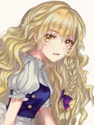 Rule 34 | 1girl, :d, apron, black vest, blonde hair, bow, braid, breasts, commentary request, eyelashes, hair between eyes, hair bow, highres, kirisame marisa, long hair, looking at viewer, medium breasts, no headwear, open mouth, puffy short sleeves, puffy sleeves, purple bow, rosette (roze-ko), shirt, short sleeves, simple background, single braid, smile, solo, touhou, upper body, vest, waist apron, wavy hair, white apron, white background, white shirt, yellow eyes