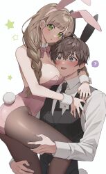 Rule 34 | 1boy, 1girl, ?, animal ears, black necktie, bow, bowtie, braid, breasts, brown eyes, brown hair, cleavage, collared shirt, detached collar, green eyes, hand on another&#039;s thigh, highres, large breasts, leotard, long hair, long sleeves, lvemhrd, necktie, original, pantyhose, parted lips, pink bow, pink bowtie, pink leotard, playboy bunny, rabbit ears, rabbit tail, scar, scar on face, shirt, spoken question mark, tail, waistcoat, white background, white shirt, wrist cuffs