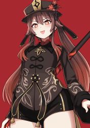 Rule 34 | 1girl, black coat, black hat, black shorts, blush, breasts, brown hair, coat, coattails, flower, genshin impact, hat, hat flower, highres, hu tao (genshin impact), long hair, long sleeves, looking at viewer, nosuku, open mouth, plum blossoms, polearm, red background, red eyes, shorts, small breasts, smile, solo, spear, symbol-shaped pupils, thighs, tongue, tongue out, twintails, very long hair, weapon