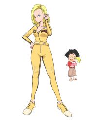 Rule 34 | 2girls, android 18, belt, blonde hair, blue eyes, bodysuit, breasts, cleavage, closed mouth, dragon ball, dragonball z, earrings, full body, highres, jewelry, kajino (aosansai), kill bill, kuririn, looking at viewer, marron (dragon ball), multiple girls, open mouth, short hair, simple background, white background, yellow bodysuit