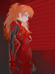 Rule 34 | 1girl, artist request, bodysuit, breasts, brown hair, expressionless, hair between eyes, hair ornament, highres, long hair, neon genesis evangelion, pilot suit, plugsuit, red bodysuit, simple background, skin tight, small breasts, solo, souryuu asuka langley, standing, two side up