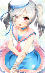 Rule 34 | 10s, 1girl, ann hodo, bad id, bad pixiv id, bandages, dress, flower, hair over one eye, hat, love live!, love live! school idol festival, love live! school idol project, open mouth, red eyes, sailor hat, school uniform, silver hair, solo, tanaka sachiko, thighhighs, twintails