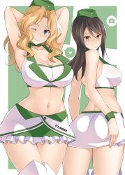 Rule 34 | 2girls, arms up, ass, blonde hair, blue eyes, boots, breasts, brown eyes, brown hair, cleavage, collarbone, crop top, garrison cap, girls und panzer, hat, headwear request, heart, highres, impossible clothes, kay (girls und panzer), large breasts, layered skirt, long hair, looking at viewer, medium breasts, midriff, mika (girls und panzer), miniskirt, multiple girls, nakamura yukitoshi, navel, pacific racing team, pencil skirt, pleated skirt, race queen, sideboob, simple background, skirt, smile, spoken heart, spoken object, thigh boots, thighhighs, thighs, wavy hair, white skirt