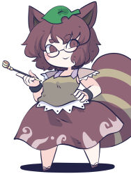 Rule 34 | 1girl, animal ears, blush stickers, brown eyes, brown hair, brown shirt, brown skirt, chahan (fried rice0614), closed mouth, full body, futatsuiwa mamizou, glasses, highres, holding, leaf, leaf on head, raccoon ears, raccoon tail, round eyewear, shirt, short hair, short sleeves, simple background, skirt, smile, smoking pipe, solo, tail, touhou, white background