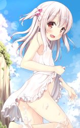 Rule 34 | 1girl, barefoot, blue sky, blush, breasts, clothes lift, cloud, cloudy sky, day, dress, dress lift, from side, hair bobbles, hair ornament, highres, karutamo, lens flare, lifting own clothes, long hair, looking at viewer, no panties, open mouth, original, outdoors, red eyes, sky, sleeveless, sleeveless dress, small breasts, smile, solo, splashing, summer, sundress, tisshu (karutamo), two side up, water, white dress, white hair