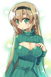 Rule 34 | 1girl, :o, blonde hair, braid, breasts, cleavage, cleavage cutout, clothing cutout, green eyes, hairband, long hair, looking at viewer, meme attire, open-chest sweater, single braid, solo, sweater, toto nemigi, turtleneck