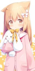 Rule 34 | 1girl, animal ear fluff, animal ears, blush, bow, brown eyes, closed mouth, commentary request, floral background, hair between eyes, hair bow, highres, jacket, light brown hair, long hair, looking at viewer, miike-chan, nakkar, hugging object, original, pink jacket, rabbit, sailor collar, smile, solo, stuffed animal, stuffed rabbit, stuffed toy, tagme, white background, white bow, white sailor collar, yellow bow
