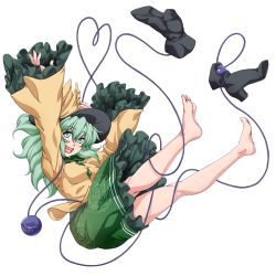 Rule 34 | 1girl, barefoot, black hat, blouse, boots, feet, full body, green eyes, green hair, hat, komeiji koishi, long hair, looking at viewer, open mouth, shirt, shoes, soles, solo, toes, touhou, transparent background, unworn boots, unworn shoes, yellow shirt
