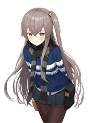 Rule 34 | 1girl, absurdres, bag, black pantyhose, blue skirt, blush, bow, brown eyes, brown hair, doggo34476335, girls&#039; frontline, hair bow, highres, long hair, looking at viewer, official alternate costume, pantyhose, scar, scarf, skirt, smile, solo, sweatdrop, ump45 (&quot;just this time.&quot;) (girls&#039; frontline), ump45 (girls&#039; frontline), white background