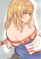Rule 34 | 1girl, absurdres, arc the lad, arc the lad ii, bare shoulders, blonde hair, breasts, brown eyes, cleavage, closed mouth, collarbone, dress, highres, lieza (arc the lad), long hair, low-tied long hair, medium breasts, shimura (hosshi), simple background, solo, very long hair