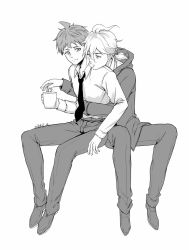 Rule 34 | 2boys, ahoge, alternate costume, alternate hairstyle, commentary request, cup, danganronpa (series), danganronpa 2: goodbye despair, full body, greyscale, hinata hajime, holding, holding cup, hood, hug, hug from behind, invisible chair, jacket, komaeda nagito, long sleeves, looking at another, male focus, meipoi, messy hair, monochrome, multiple boys, necktie, pants, school uniform, shirt, shoes, short hair, short ponytail, simple background, sitting, smile, white background, yaoi