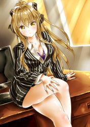 Rule 34 | &gt;:&lt;, 10s, 1girl, :&lt;, amagi brilliant park, antenna hair, blush, bra, breasts, brown eyes, brown hair, business suit, cleavage, closed mouth, dress shirt, formal, hair intakes, highres, kasugano tobari, large breasts, long hair, long sleeves, looking at viewer, open clothes, open shirt, pencil skirt, pinstripe pattern, pinstripe suit, ponytail, sento isuzu, shirt, sitting, skirt, skirt suit, solo, striped, suit, thighs, underwear, uniform, v-shaped eyebrows