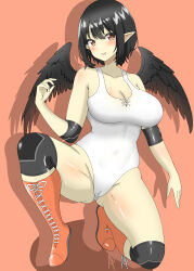 Rule 34 | 1girl, absurdres, bird wings, black hair, black wings, blush, breasts, cameltoe, cleavage, commentary request, commission, cross-laced footwear, full body, groin, highres, knee pads, large breasts, looking at viewer, one-piece swimsuit, pointy ears, red background, red eyes, red footwear, school swimsuit, shadow, shameimaru aya, shirokumall, short hair, simple background, skeb commission, solo, swimsuit, touhou, variant set, white one-piece swimsuit, wings