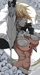 Rule 34 | 1girl, black gloves, bleach, blonde hair, blue eyes, breast tattoo, breasts, colored eyelashes, commentary request, dark-skinned female, dark skin, female focus, gloves, highres, holding, holding sword, holding weapon, jacket, large breasts, looking at viewer, mask, mouth mask, number tattoo, open clothes, open jacket, revealing clothes, solo, sword, tattoo, tier harribel, underboob, upper body, weapon, youda