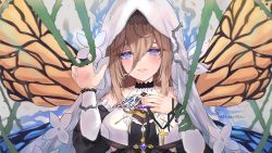 Rule 34 | 1girl, absurdres, aponia (honkai impact), black dress, blue eyes, breasts, brown hair, butterfly wings, cleavage, crying, crying with eyes open, dress, highres, honkai (series), honkai impact 3rd, insect wings, long hair, long sleeves, looking at viewer, nun, open mouth, solo, tears, veil, wings, yuusuzu
