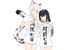 Rule 34 | 2girls, animal ear fluff, animal ears, antenna hair, black hair, cait aron, character request, closed eyes, closed mouth, clothes writing, collarbone, facing viewer, grey hair, hair between eyes, hair ornament, hairclip, heart hands failure, indie virtual youtuber, kusubashi shiya, long hair, multiple girls, shirt, short sleeves, simple background, tail, tiger ears, tiger girl, tiger tail, translation request, very long hair, virtual youtuber, white background, white shirt