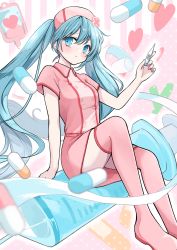 Rule 34 | 1girl, :t, absurdres, bandages, bandaid, blue eyes, blue hair, blush, boots, collared dress, dress, hat, hatsune miku, highres, holding, holding thermometer, intravenous drip, koiiro byoutou (vocaloid), long hair, nagitofuu, nail polish, nurse cap, oversized object, pill, short sleeves, sitting, solo, syringe, thermometer, thigh boots, twintails, very long hair, vocaloid