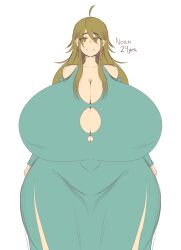 Rule 34 | 1girl, absurdres, breasts, cleavage, crysnickel, dress, female focus, freckles, gigantic breasts, green dress, highres, matching hair/eyes, original, solo, thick thighs, thighs, white background, wide hips