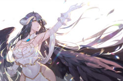 Rule 34 | 1girl, albedo (overlord), arm up, bare shoulders, black hair, black wings, breasts, calder, clothing cutout, commentary request, demon girl, demon horns, demon wings, detached collar, dress, elbow gloves, feathered wings, feathers, gloves, hair between eyes, highres, hip vent, horns, large breasts, long hair, low wings, navel cutout, overlord (maruyama), solo, white dress, white gloves, wings, yellow eyes