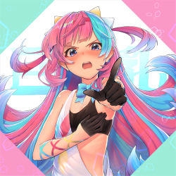 Rule 34 | 1girl, absurdres, bad id, bad pixiv id, bare shoulders, black gloves, blue eyes, blue hair, blush, bow, breasts, commentary request, dress, gloves, hair ornament, half gloves, highres, long hair, looking at viewer, multicolored hair, open mouth, pink hair, pinky pop hepburn, pointing, pointing at viewer, small breasts, solo, sports bra, teeth, the moon studio, tihoro1609, two-tone hair, two side up, upper teeth only, v-shaped eyebrows, very long hair, virtual youtuber, white dress