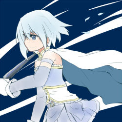 Rule 34 | 10s, 1girl, armband, bare shoulders, belt, blue background, blue eyes, blue hair, buckle, cape, detached sleeves, elbow gloves, frills, gloves, kagiana, magical girl, mahou shoujo madoka magica, mahou shoujo madoka magica (anime), matching hair/eyes, miki sayaka, short hair, simple background, skirt, solo, sword, weapon, white gloves