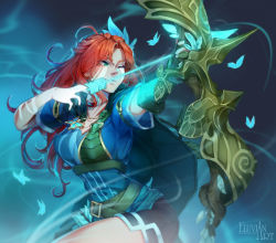 Rule 34 | 1girl, aiming, arrow (projectile), artist name, belt, black shorts, blouse, bow (weapon), bug, butterfly, cape, closed mouth, dota (series), dota 2, eluvianart, facepaint, green background, green butterfly, green cape, green eyes, green shirt, hair ornament, highres, holding, holding arrow, holding bow (weapon), holding weapon, insect, long hair, one eye closed, orange hair, shirt, short sleeves, shorts, smile, solo, weapon, windranger (dota)