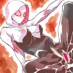 Rule 34 | banishinngu, censored, female ejaculation, female pubic hair, gwen stacy, marvel, nipples, pubic hair, pussy, pussy juice, silk, spider-gwen, spider-man: into the spider-verse, spider-man (series), spider-verse, spider web, superhero costume, tagme
