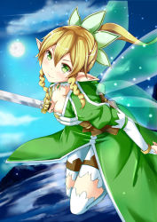 Rule 34 | 10s, 1girl, blonde hair, blush, breasts, collarbone, flying, full moon, green eyes, holding, leafa, long hair, moon, ok-ray, pointy ears, ponytail, sky, smile, solo, star (sky), starry sky, sword, sword art online, thighhighs, weapon, white thighhighs, wings