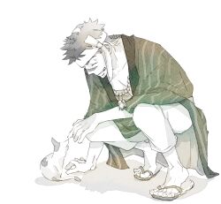 Rule 34 | 1boy, cat, closed eyes, grin, headband, iichikamichi, japanese clothes, jewelry, kimono, male focus, necklace, open clothes, open kimono, revenger, sandals, scar, scar on face, scar on nose, shorts, simple background, smile, solo, souji (revenger), squatting, white background