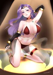 Rule 34 | 1girl, absurdres, alternate costume, anklet, arabian clothes, arm behind head, armlet, armpits, bare shoulders, blue gemstone, blush, breasts, bridal gauntlets, choker, circlet, cleavage, commission, commissioner upload, dancer, detached sleeves, earrings, eyeshadow, fire emblem, fire emblem echoes: shadows of valentia, gem, gold trim, harem outfit, highres, jewelry, kneeling, large breasts, long hair, looking at viewer, makeup, navel, necklace, necomilk, nintendo, non-web source, pelvic curtain, purple eyes, purple eyeshadow, purple hair, simple background, solo, sonya (fire emblem gaiden), spotlight, stomach, thighlet, thighs, tiara, translucent, veil