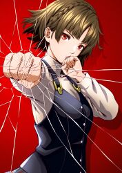 Rule 34 | 1girl, against fourth wall, black skirt, braid, brown hair, clenched hands, commentary request, cracked screen, crown braid, fourth wall, hand to own mouth, heart, highres, long sleeves, looking at viewer, masatoshi 1219, niijima makoto, persona, persona 5, persona 5 the royal, plaid, plaid skirt, punching, red background, red eyes, school uniform, shirt, short hair, shuujin academy school uniform, skirt, solo, upper body, white shirt