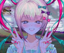 Rule 34 | 1girl, artist name, blonde hair, blue bow, blue eyes, blue hair, blue nails, blue shirt, blunt bangs, blush, bow, chouzetsusaikawa tenshi-chan, collarbone, commentary, double v, erobommy, hair bow, hair ornament, hands up, heart, heart hair ornament, highres, long hair, long sleeves, looking at viewer, multicolored hair, multicolored nails, needy girl overdose, open mouth, pink bow, pink hair, pink nails, pixelated, purple bow, quad tails, sailor collar, shirt, smile, solo, symbol-only commentary, teeth, twintails, upper body, v, very long hair, yellow nails