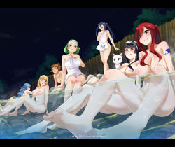 Rule 34 | 6+girls, arana webb, barefoot, black hair, blonde hair, blue hair, blush, breasts, brown hair, cat ears, charle (fairy tail), erza scarlet, fairy tail, feet, green hair, juvia lockser, kagura mikazuchi, large breasts, looking at viewer, lucy heartfilia, millianna, multiple girls, nipples, nude, onsen, open mouth, parted lips, red hair, sitting, small breasts, smile, soles, tattoo, toes, wendy marvell