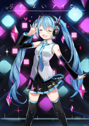 Rule 34 | 1girl, bad id, bad pixiv id, blue hair, detached sleeves, dr poapo, closed eyes, hatsune miku, headphones, highres, long hair, necktie, open mouth, skirt, solo, song name, thighhighs, twintails, very long hair, vocaloid