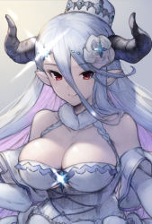 Rule 34 | 1girl, bad id, bad pixiv id, bare shoulders, blue hair, blush, breasts, cleavage, closed mouth, draph, dress, elbow gloves, flower, fur collar, gloves, granblue fantasy, hair between eyes, hair flower, hair ornament, hat, highres, horns, izmir, koretsuki azuma, large breasts, lips, long hair, looking at viewer, mole, mole under mouth, pointy ears, red eyes, simple background, snowflake hair ornament, solo, upper body, very long hair, white dress, white flower, white gloves, white hat