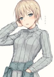Rule 34 | 10s, 1girl, :o, bad id, bad twitter id, belt pouch, blonde hair, blue eyes, blush, brave witches, breasts, bullfalk, commentary request, hand on own head, long sleeves, looking at viewer, military, military uniform, nikka edvardine katajainen, pouch, ribbed sweater, short hair, simple background, solo, sweater, text focus, translated, turtleneck, uniform, white background, world witches series