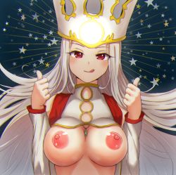 Rule 34 | 1girl, :q, absurdres, blue background, breasts, commentary, english commentary, fate/grand order, fate (series), hat, highres, irisviel von einzbern, irisviel von einzbern (caster), long hair, looking at viewer, nipples, red eyes, reijgr (ff9999x), smile, star (symbol), starry background, thumbs up, tongue, tongue out, upper body, white hair, white headwear