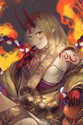 Rule 34 | 1girl, absurdres, bare shoulders, blonde hair, claws, fate/grand order, fate (series), female focus, fire, highres, horns, ibaraki douji (fate), japanese clothes, kimono, long hair, looking at viewer, monster girl, off shoulder, oni, oni horns, pan00000, pointy ears, short kimono, smile, solo, tattoo, wide sleeves, yellow eyes, yellow kimono
