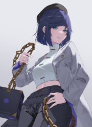 Rule 34 | 1girl, absurdres, aqua eyes, bakemonsou, beret, black hat, black pants, blue hair, chain, coat, commentary request, cowboy shot, crop top, diagonal bangs, dice, earrings, genshin impact, grey background, grey coat, grin, hand on own hip, hat, highres, holding, holding chain, holding dice, jewelry, long sleeves, looking at viewer, navel, official alternate costume, open clothes, open coat, pants, pizza hut, shirt, short hair, simple background, smile, solo, turtleneck, white shirt, yelan (genshin impact), yelan (pizza hut) (genshin impact)