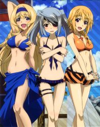 Rule 34 | 10s, 3girls, :d, absurdres, arm up, bare shoulders, bikini, bikini skirt, blonde hair, blue bikini, blue eyes, blush, bracelet, braid, breasts, cecilia alcott, charlotte dunois, cleavage, covering breasts, covering privates, embarrassed, eyepatch, front-tie top, groin, hairband, hashimoto takayoshi, highres, infinite stratos, jewelry, laura bodewig, lips, long hair, long legs, medium breasts, multiple girls, navel, official art, open mouth, pendant, purple eyes, red eyes, sarong, scan, side-tie bikini bottom, silver hair, small breasts, smile, striped clothes, striped sarong, swimsuit, thigh gap, thigh strap, twintails
