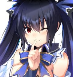 Rule 34 | 1girl, bare shoulders, black hair, bow, bowtie, breasts, commentary request, detached collar, detached sleeves, doria (p f dolia), finger to mouth, hair between eyes, hair ribbon, index finger raised, long hair, looking at viewer, medium breasts, neptune (series), noire (neptunia), one eye closed, red eyes, ribbon, sidelocks, simple background, smile, solo, twintails, upper body, v-shaped eyebrows, white background