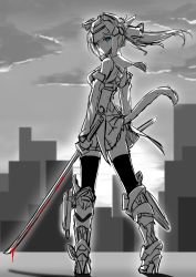Rule 34 | 1girl, animal ears, blood, bloody weapon, blue eyes, cat ears, cat girl, cat tail, chibi, dual wielding, elbow gloves, fatkewell, female focus, full body, gloves, headgear, holding, katana, leotard, limited palette, long hair, monochrome, original, outdoors, sketch, sky, solo, spot color, sword, tail, thighhighs, weapon