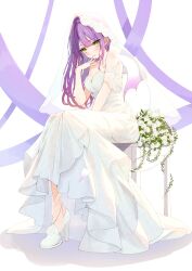 Rule 34 | 1girl, absurdres, alternate costume, bare shoulders, blush, breasts, bridal veil, cleavage, commentary, cross, demon girl, demon tail, demon wings, dot nose, dress, ear chain, earrings, english commentary, fingernails, flower, full body, gradient hair, green eyes, hand up, high heels, highres, hololive, jewelry, large breasts, long dress, long hair, looking at viewer, multicolored hair, nail polish, necklace, off-shoulder dress, off shoulder, parted lips, pink hair, pointy ears, purple hair, purple nails, ring, rose, sitting, solo, streaked hair, tail, teeth, tokoyami towa, totuoooo1015, veil, virtual youtuber, wedding dress, white dress, white flower, white footwear, white rose, wings