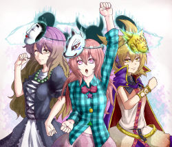 Rule 34 | 3girls, arm up, aura, beads, blonde hair, bow, bowtie, bracelet, breasts, cape, clenched hand, cowboy shot, cross-laced clothes, dress, earmuffs, fox mask, gradient hair, hand on own hip, hata no kokoro, hijiri byakuren, jewelry, kanimisomann, long hair, long sleeves, looking at viewer, mask, multicolored hair, multiple girls, new mask of hope, noh mask, one eye closed, open mouth, pink hair, pink skirt, plaid, plaid shirt, prayer beads, raised fist, red bow, red bowtie, shika miso, shirt, short hair, short sleeves, skirt, touhou, toyosatomimi no miko, very long hair, white dress, wink