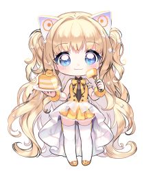Rule 34 | 1girl, :t, bare shoulders, blonde hair, blue eyes, blush, cake, cake slice, dress, eating, flower, food, fork, full body, hair flower, hair ornament, headgear, highres, holding, holding fork, looking at viewer, mechuragi, multicolored hair, plate, pleated dress, seeu, shoes, simple background, sleeveless, sleeveless dress, solo, standing, thighhighs, transparent background, two-tone hair, vocaloid, wavy mouth, white background, white flower, white thighhighs, yellow dress, yellow footwear