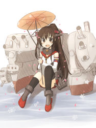 Rule 34 | 10s, 1girl, :d, blush, brown eyes, brown hair, cannon, kantai collection, long hair, looking at viewer, mashayuki, oil-paper umbrella, open mouth, personification, pleated skirt, ponytail, sitting, skirt, smile, solo, thighhighs, turret, umbrella, very long hair, yamato (kancolle), zettai ryouiki